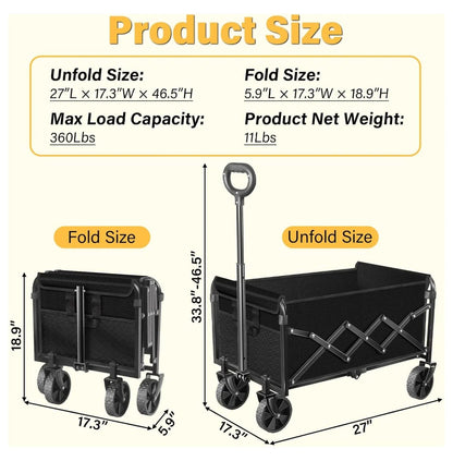 Wagons Carts Foldable - Collapsible Folding Wagon 360Lbs - Wagon Cart with Wheels Portable for Sports, Camping, Storage, Travel, Shopping - Black2