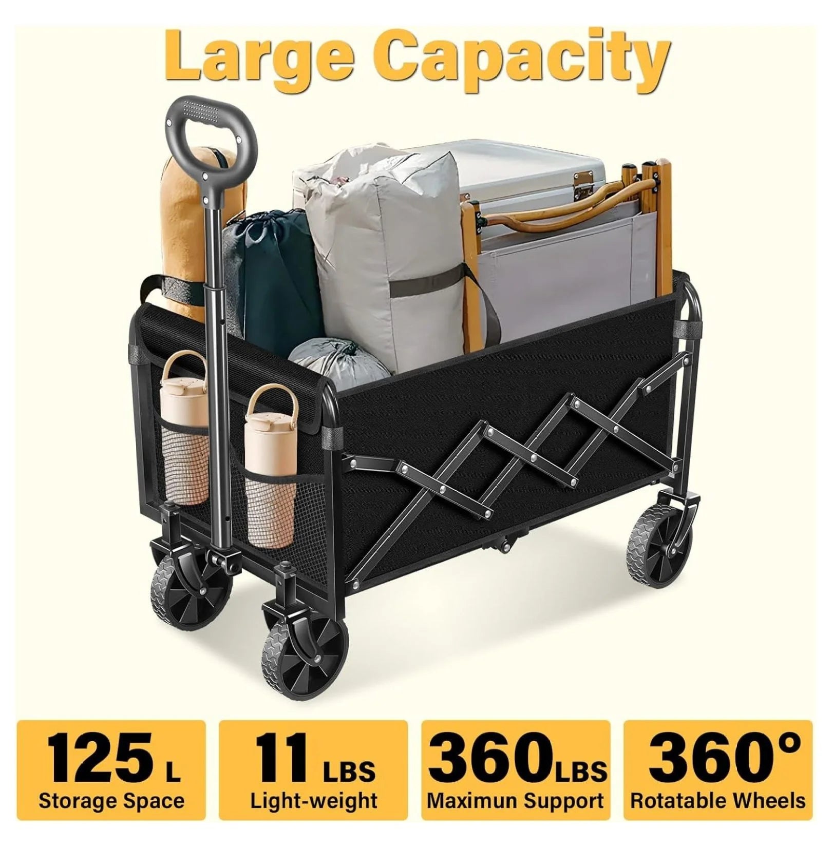 Wagons Carts Foldable - Collapsible Folding Wagon 360Lbs - Wagon Cart with Wheels Portable for Sports, Camping, Storage, Travel, Shopping - Black2